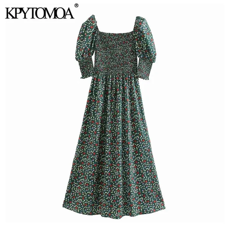 Snyggt blommigtryck Smocked Elastic Midi Dress Women Fashion Square Collar Half Sleeve Kvinna Klänningar Vestidos 210420