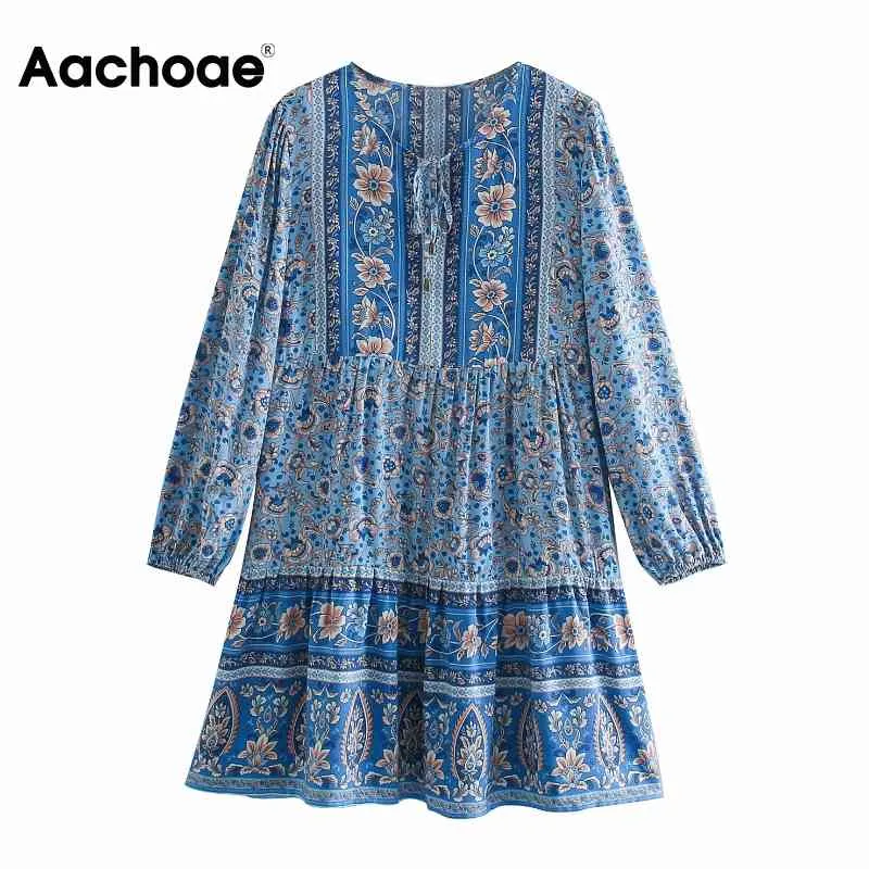 Loose Floral Print Mini Kobiety O Neck Bow Tie Boho Sukienka Kobiet Z Długim Rękawem Wakacje Casual Dresses Szata Femme 210413