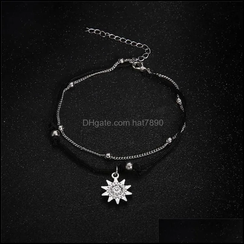 Fashion Bohemia Sun Pendant Beads Anklet Bracelet for Women Double Layer Rope Anklet in the Summer Barefoot Anklet Beach Jewelry Gifts