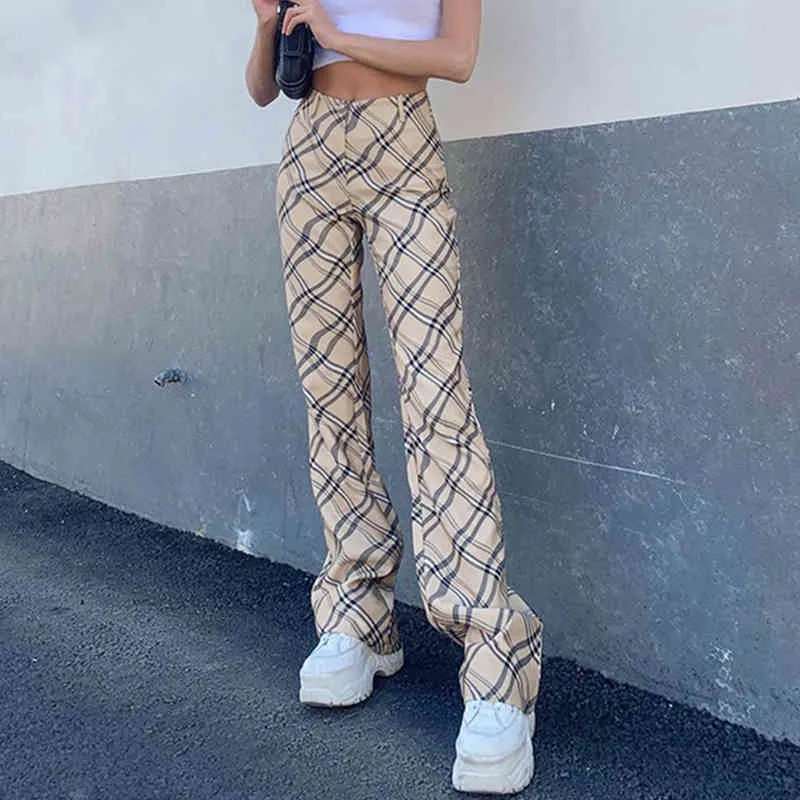 Rutig estetisk kvinna byxor harajuku Fashion Stripe High Waisted Straight Long Trouser Y2K Sweatpants Kvinna Capris 210415