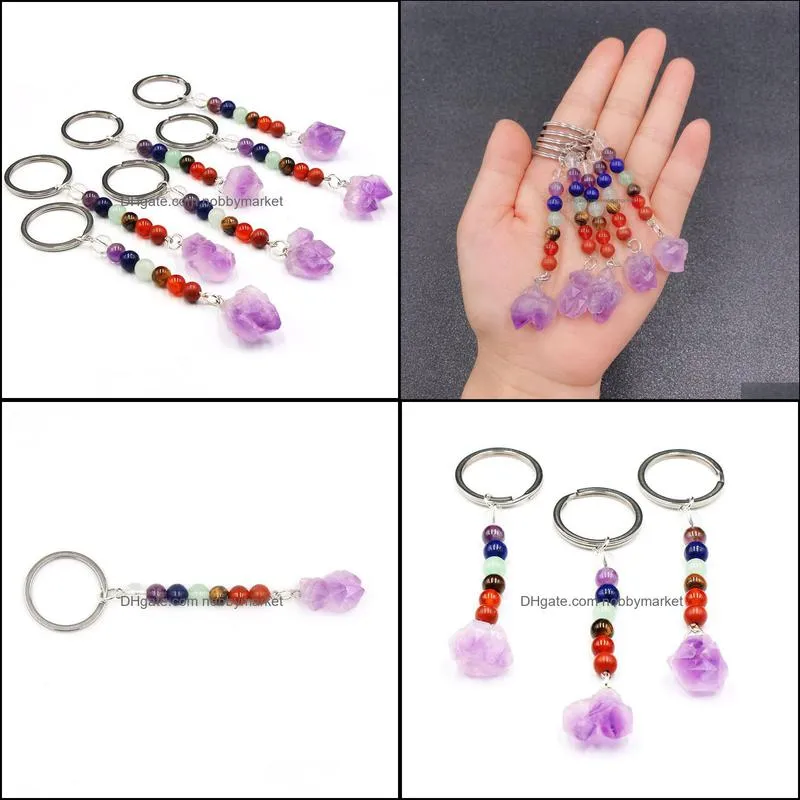 7 Chakra Natural Stone Key rings Handbag Purse Holder Irregular Amethyst Crystal Quartz Stones keychains Dangle Car Clasps Chains