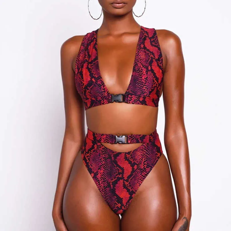 In-x sexy rouge serpent imprimé bikini 2020 boucle maillot de bain femme baigneuses taille haute biquini col en V maillots de bain femmes maillot de bain nouveau Y0820