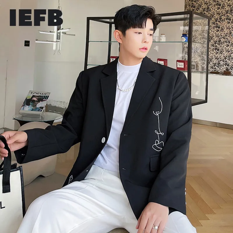 Korean Style Jacket Mens Black Print Blazer Chic Single Breasted