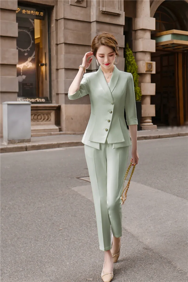 High Quality Casual Womens Suit Pants Two Piece Set Summer Elegant Ladies  White Blazer Jacket Business Attire 220315 From Jiao02, $24.28