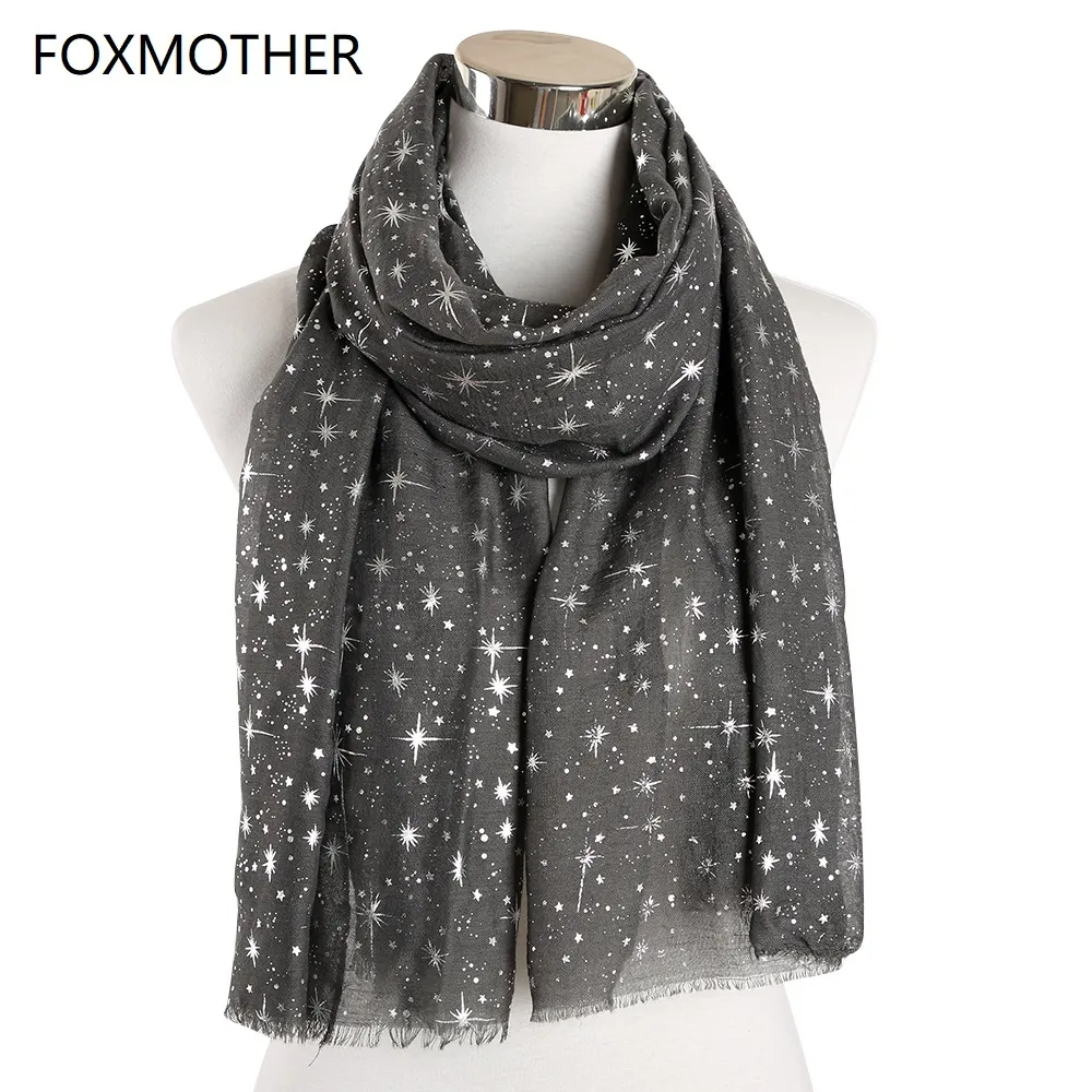 Foxmother Herfst en Winter Roze Navy Star Print Sjaal Vrouwen Folie Sliver Hijab Sjaals Glitter Galaxy Sjaal Wrap Dames 2019