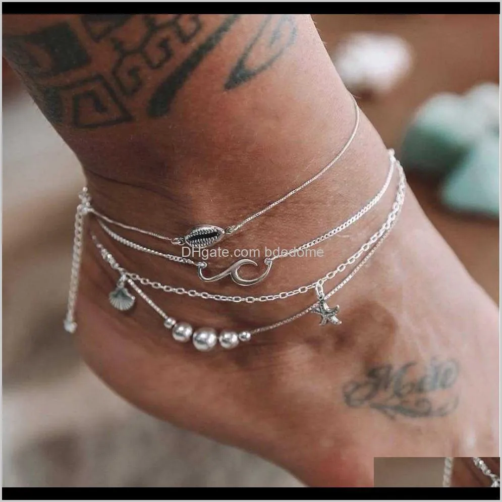 Bracelets de cheville Bijoux Drop Livraison 2021 Ensembles de cheville 4 couches 3pcs / ensemble alliage coquillage étoile de mer vague ronde perle pendentif argent plaqué pour les femmes gi