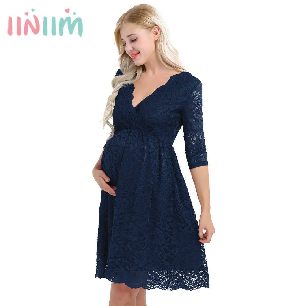 iiniim Femmes Maternité Élégante Robe Floral Dentelle Superposition V Cou Demi Manches Enceinte Photographie Robe pour Participer Désherbage Q0713