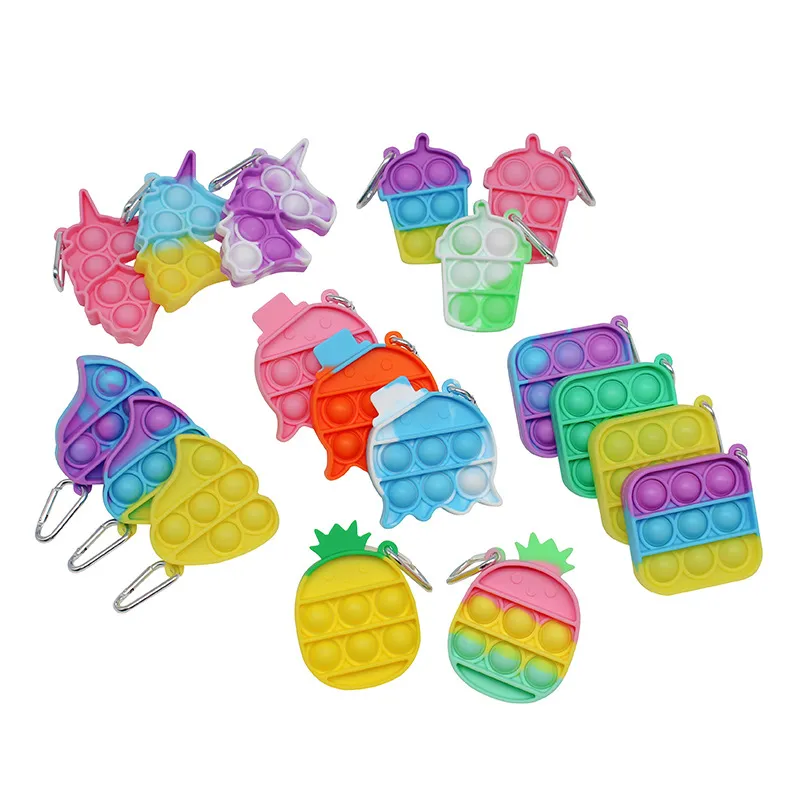 Keychain Push Bubble Fidget Leksaker Poppers Dekompression Toy Fidgets Key Chain Anti Stress Board 7621 Mix Models