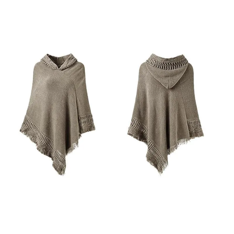 Scarves For Women Winter Knit Hooded Poncho Cape Crochet Fringed