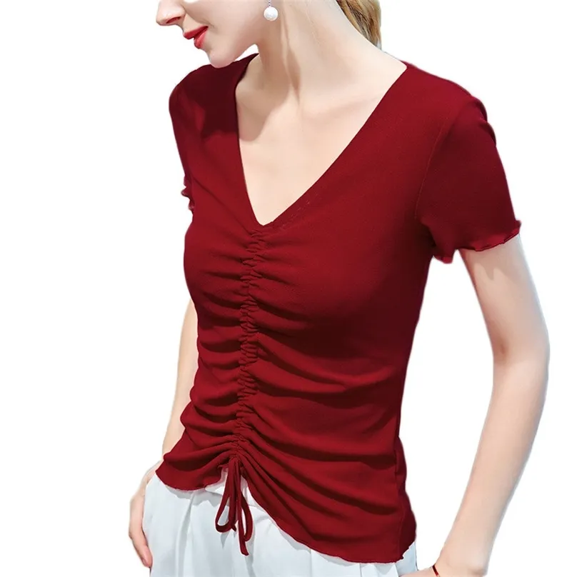 Gaze Short Sleeve T-shirt Kvinnor Sommar Sexig Plus Storlek V-Neck Black Red Blue Drawstring Top Feminina LR1090 210531