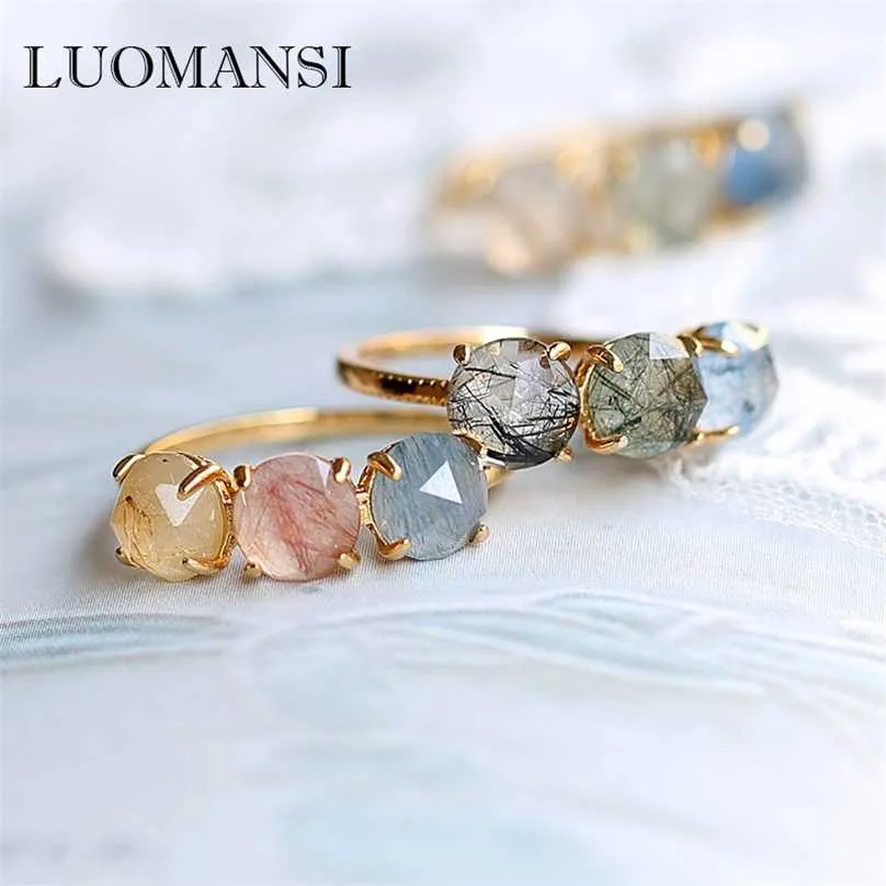 Luomansi 6*6 MM Natural Pink Sapphire Crystal Gem Ring S925 Silver 14K Gold Jewelry Fresh Romantic Women's Party 211217