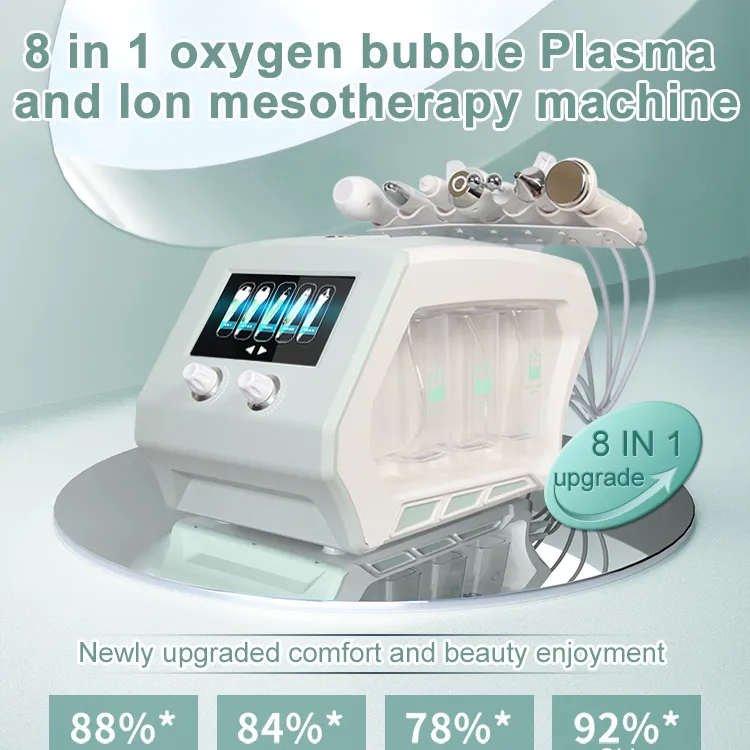 المحمولة 8 في 1 البلازما بالموجات فوق الصوتية microcomrystalline dermabrasrasion الوجه إدارة الجلد تقشير الماء الأكسجين جت الوجه الجمال microdermoabrasion آلة