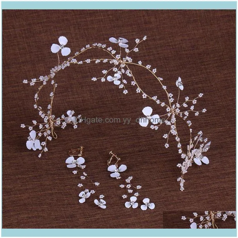 Earrings & Necklace Korean Flower Beads Headband Tiara Crown Jewelry Set For Bride Bridesmaid Wedding Prom Party Accessories Women