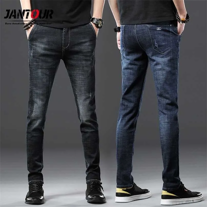 Jantour Cotton Men Jeans 바지 레이스 위로 데님 바지 블랙 스키니 슬림 힙합 스포츠웨어 탄성 허리 남성 211111