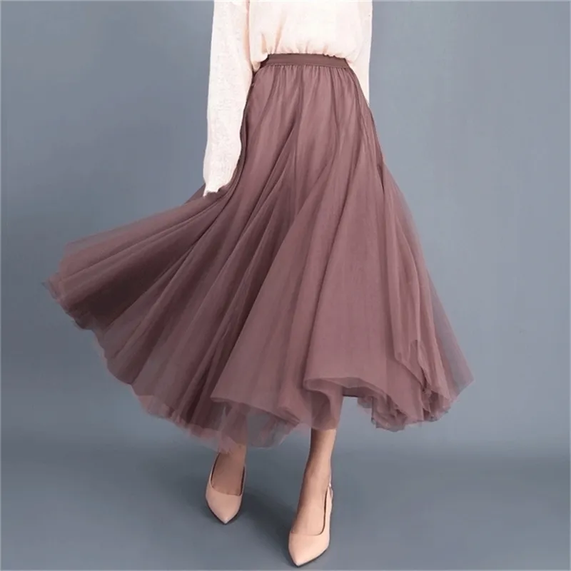 Tulle Spódnice Kobiety Mesh Elastyczna Tutu Wiosna Summer Koreański Wysoka Talia KPOP Moda Plised Długi Czarny / Khaki 210619