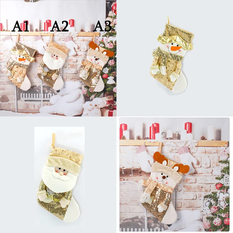 Christmas Stocking Cekiny Snowman Reindeer Sock Xmas Character Decoration Candy Prezent Bag Party Accessory