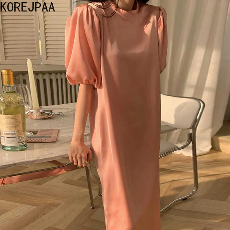 コレヒパアの女性のドレス夏の韓国のシックな女の子甘い雰囲気のラウンドネックレースオープンバック光沢のあるスプリットパフスリーブVestidos 210526