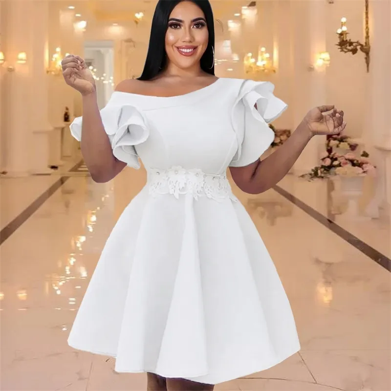 White Dress Women Plus Size Off Shoulder A Line Pleated Dresses Ruffles Short Sleeves Drop African Cocktail Evening Robe 210527