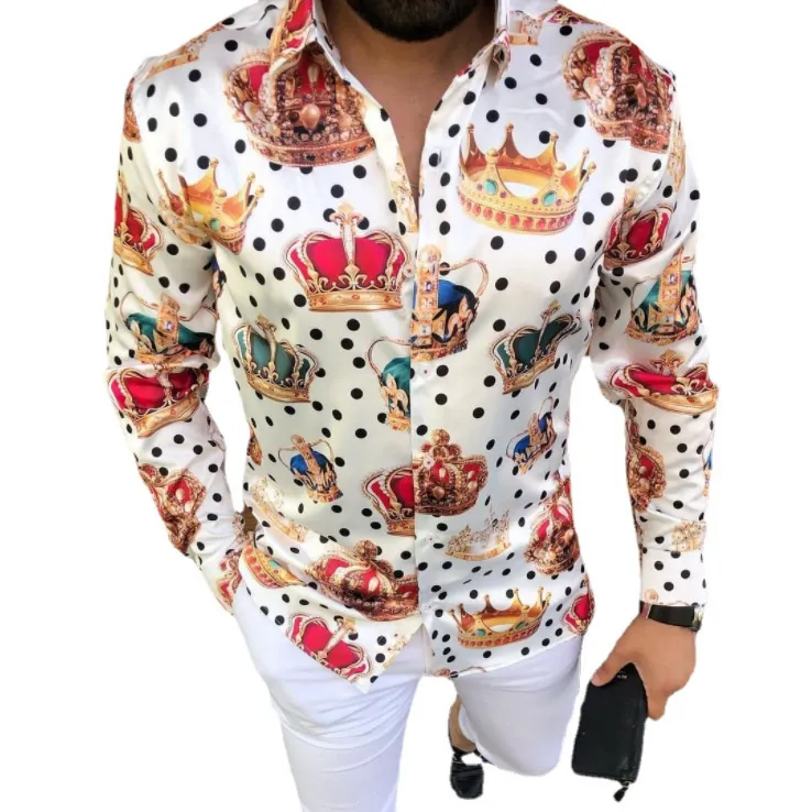 Plus size 3XL herrprickiga vintage Chemisier-skjortor Långärmade Höst Hawaiian Camicetta-skjorta Loose Fit-tryck Blusa-mönster Man Kläder Blus