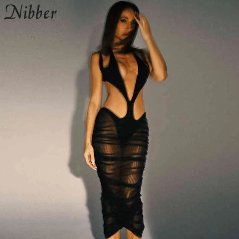 Nibber Summer New Style Halter Strap Dress Semi-perspective Cool Fabric With Waist Slim Sexy Design Folds Women Party Nightclub Y1204