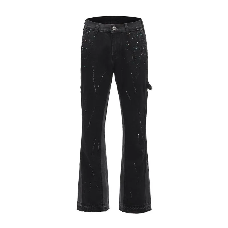 Calças de brim masculinas urbanas streetwear flare calças pretas perna larga hip hop respingado calças de tinta homens retalhos slim fit denim for282c