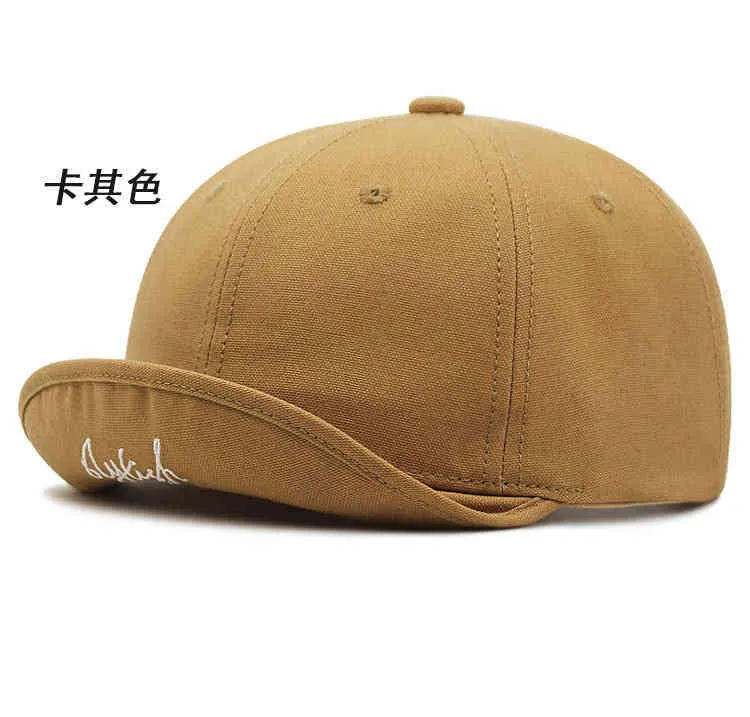 Curled Brim Cotton Khaki Fitted Cap Short Peak Snapback Hat For