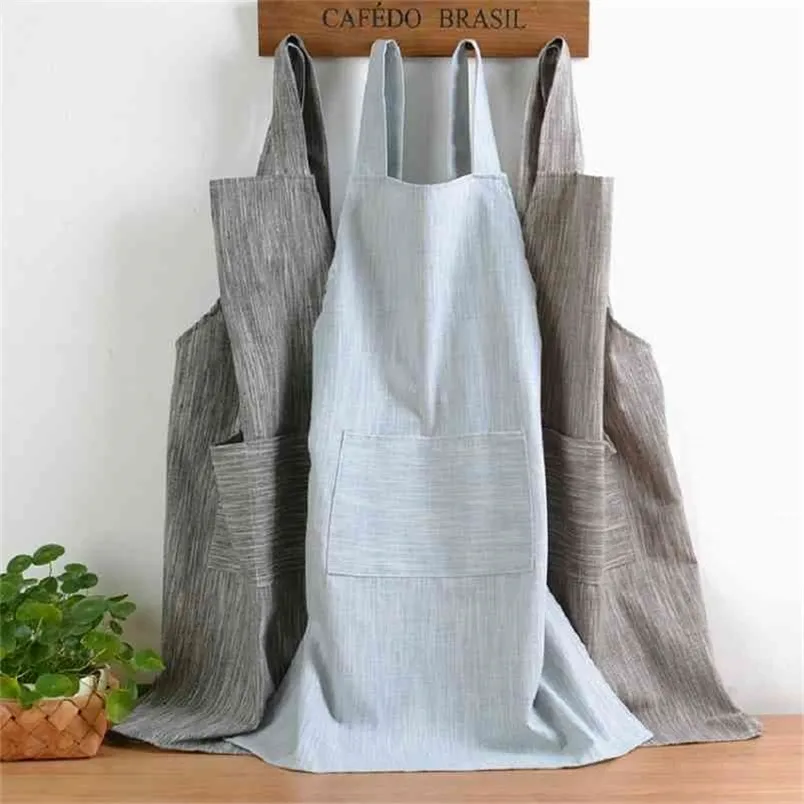 Japanese Style Solid Color Cotton Hemp Unisex Apron Coffee Shops Work Cleaning Aprons For Kitchen Supplies 210629