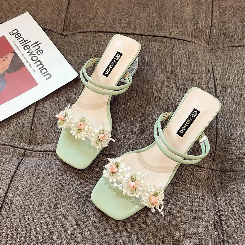 Sandalias de flores 2023, sandalias de hadas de verano para mujer, sandalias romanas de tacón grueso a la moda, zapatos de playa para vacaciones en la playa, zapatillas 35-40