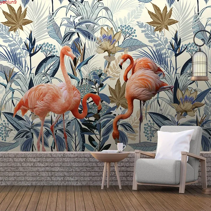 Anpassad väggmålning europeisk stil handmålade tropiska växtflamingo foto 3d väggmålningar tapet för hotell sovrum levande rumsgood quatity