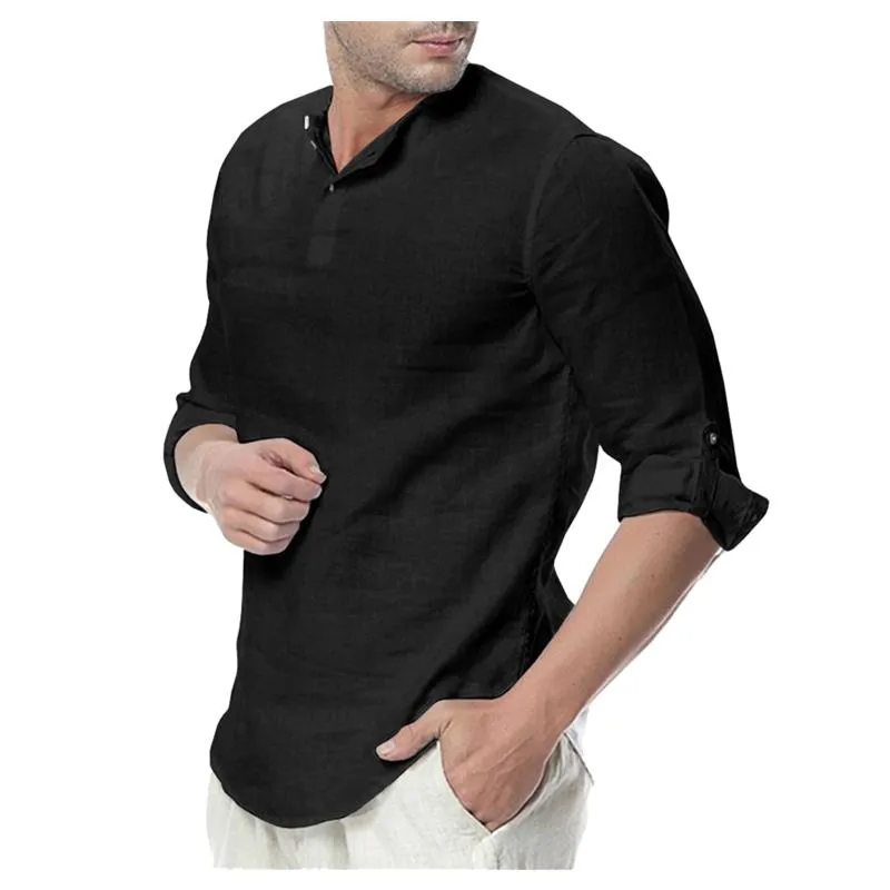 Camicie casual da uomo Camicia di lino autunnale Girocollo Manica lunga Top Tinta unita Top Slim For Man 2021 Camisa Masculina