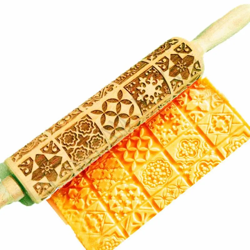 15 Designs Wooden Rolling Pin Rose Love Heart Shaped Embossing Baking Cookies Noodle Biscuit Fondant Cake Dough Patterned Roller Flour