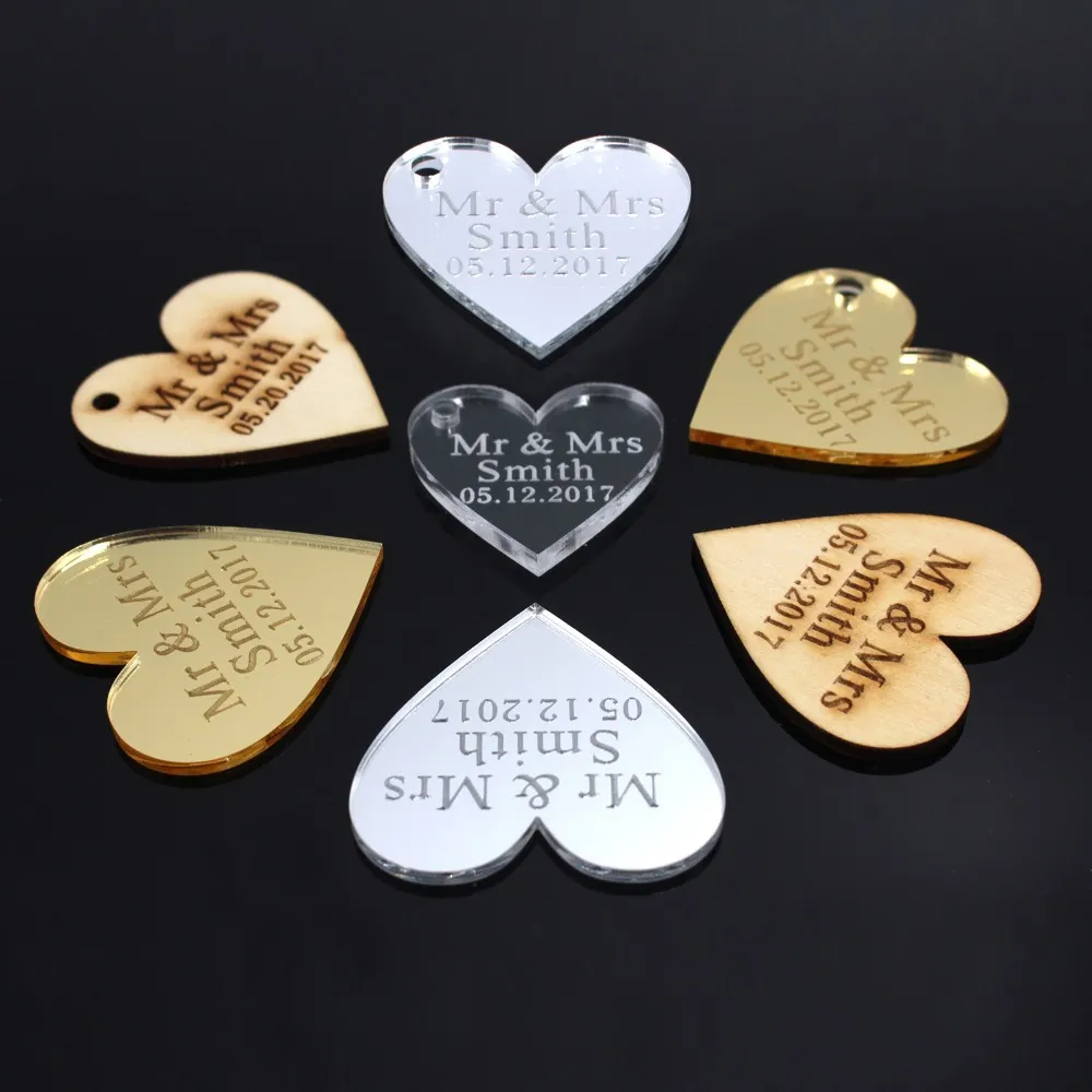 100x Personalized Laser Engraved Love Hearts Centerpieces Gold / Silver Mirror / Wood Tags Wedding Party Table Decoration Favors 210408