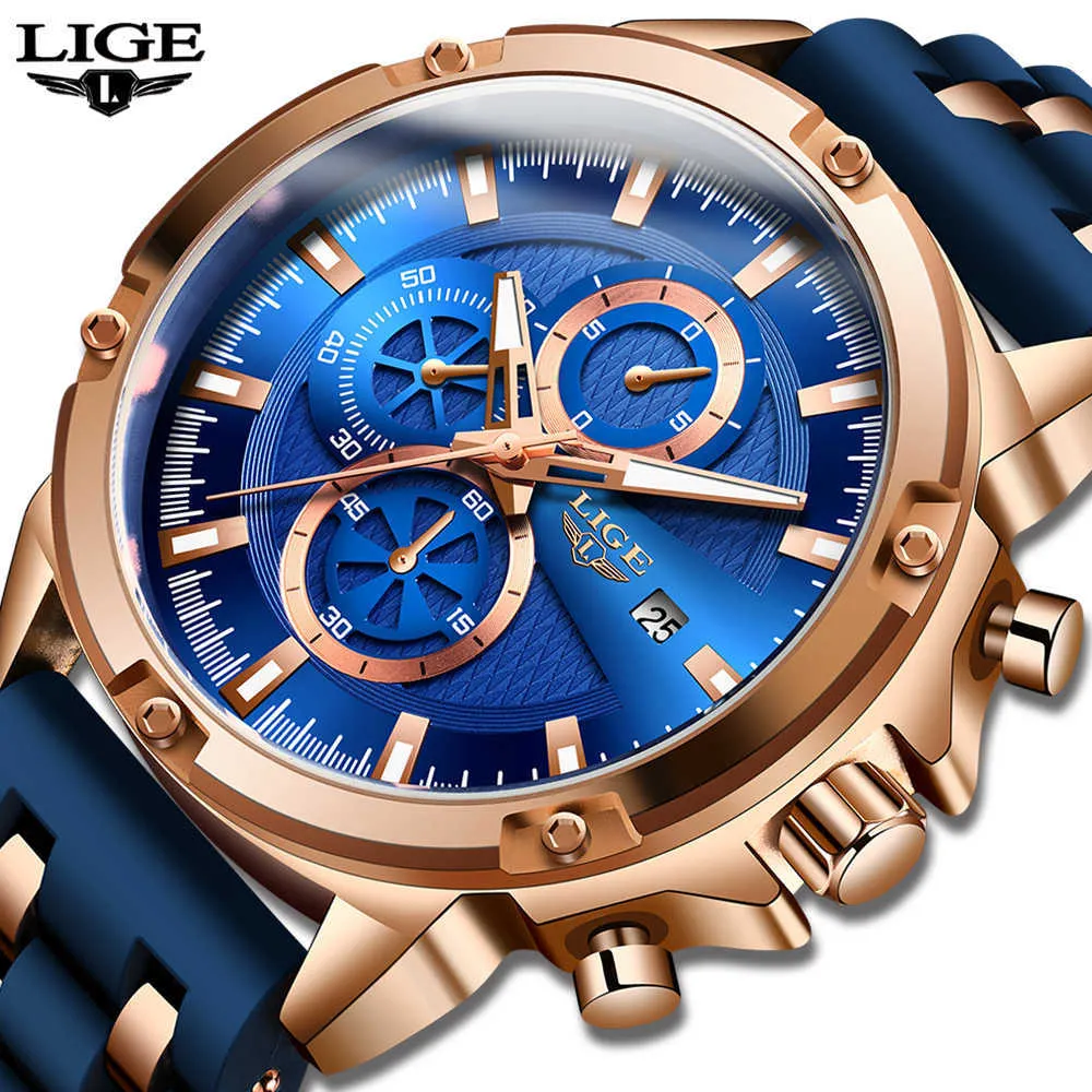 Lige Watch Mens Relógios Top Marca Luxo Homens Casuais Silicagel Impermeável Cronógrafo Masculino Desporto Quartz Clock Relogio Masculino 210527