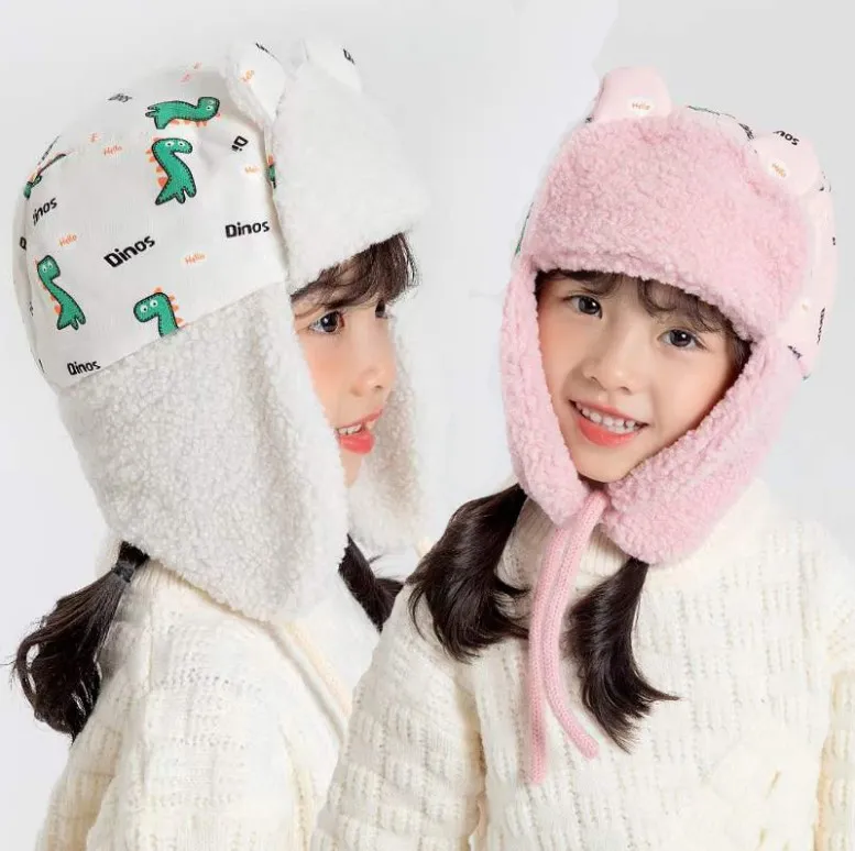 Cappelli bomber caldi invernali per bambini spessi mantengono le orecchie calde berretti bomber per ragazze dei ragazzi nuovo cappello stampato con dinosauro