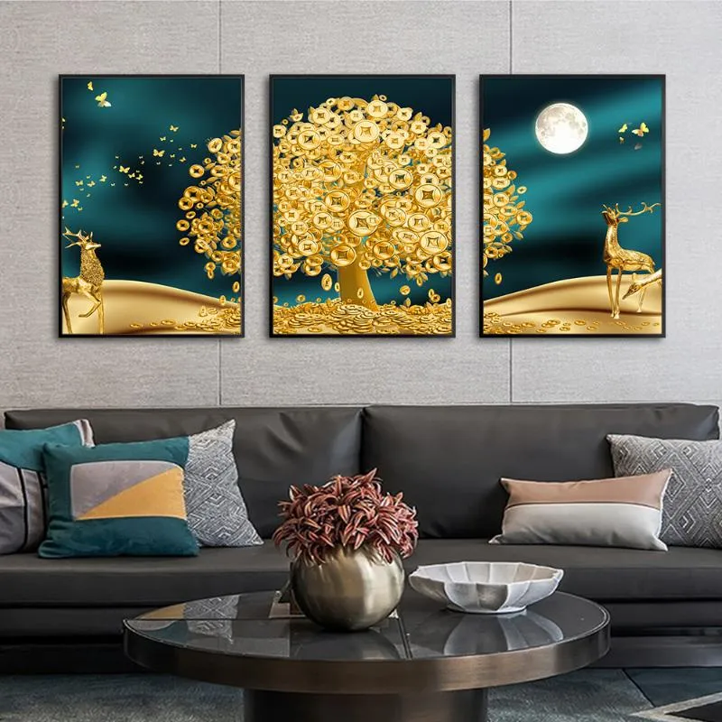 Pinturas Dourado Arte Veado Dinheiro Árvore Quadro Islâmico Sem Moldura Abstrato Lua Impressão em Tela Cartaz Natureza Morta