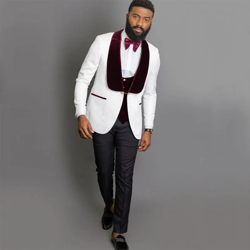 Classy One Button Wedding Tuxedos Sjaal Revers Jacquard Weave Bourgondië Mens Pak Drie stukken Bruidegom Draag Prom Blazers met jassen en vest Broek