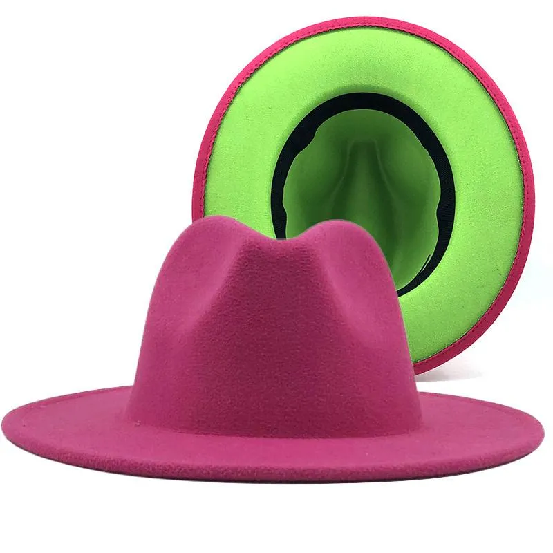Wide Brim Hats Rose Unisex Outer Inner Green Wool Felt Jazz Fedora With Thin Belt Buckle Men Women Panama Trilby Cap L XL