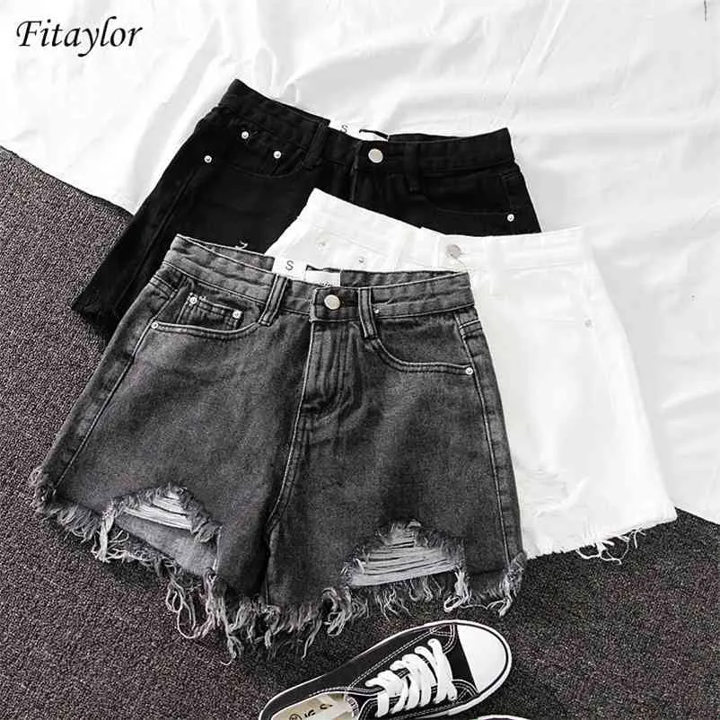 Fitaylor nouveau été femmes large jambe trou noir Denim Shorts décontracté femme Streetwear lâche couleur unie blanc jean Shorts 210331
