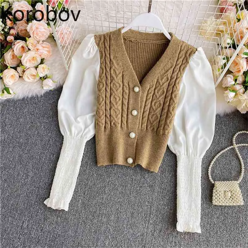 Korobov Nieuwe V-hals Latern Mouw Dames Truien Vintage Patchwork Korte Vesten Hoge Taille Single Breasted Knit Top 210430