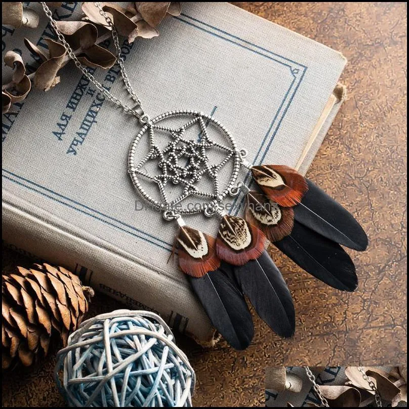 Ethnic Long Black Brown Feather Leather Chain Necklaces for Women Girls Vintage Dream Catcher Pendants Sweater Necklace Jewelry1