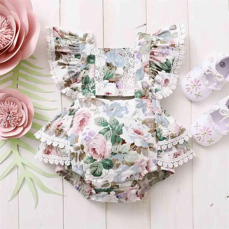 Verão Bebê Floral Impressão Flutter-Manga Romper 210528