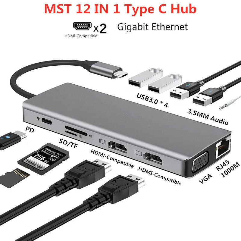 Tipo C Docking Station MST Multi Hub Dual RJ45 VGA USB3.0 Adaptador de áudio para MacBook Pro / Air Thunderbolt 3 Dock