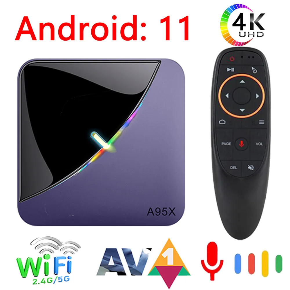 صندوق التلفزيون الذكي الروبوت 11 A95X F3 Air II AMLOGIC S905W2 5G WIFI 4K 3D BT5.0 RGB ضوء صندوق تلفزيوني HD Media Player 2G 16G 32G 4G 64G