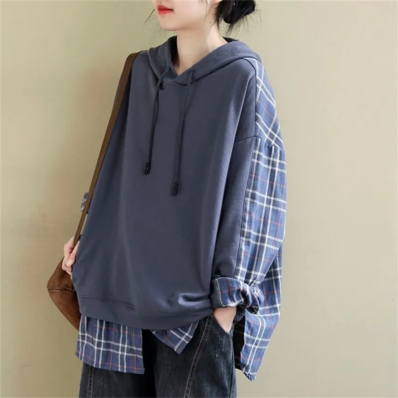 Spring Korea Fashion Patchwork Plaid Casual Women Hoodies Long Sleeve Loose Hoody Tops Ladies Hoodie Clothing Plus Size S806 210809