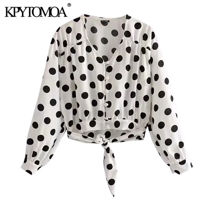 Women Fashion With Bow Tied Polka Dot Cropped Blouses Long Sleeve Button-up Female Shirts Chic Tops 210420