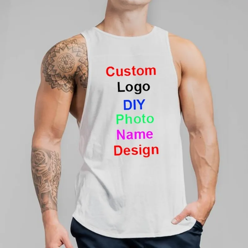 Nenhuma camisa sem mangas de algodão homens cor sólida o-pescoço ginásio tanque de ginásio personalizado Imprima seu próprio design fisiculturismo fitness colete 210421