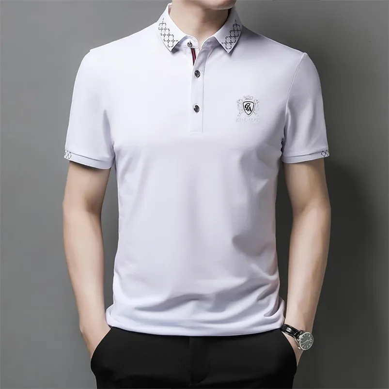 Browon Summer T Shirt dla mężczyzn Haft Krótki Rękaw Miękki Oddech Topy Fit Turn-Down Smart Casual Work Odzież 210706