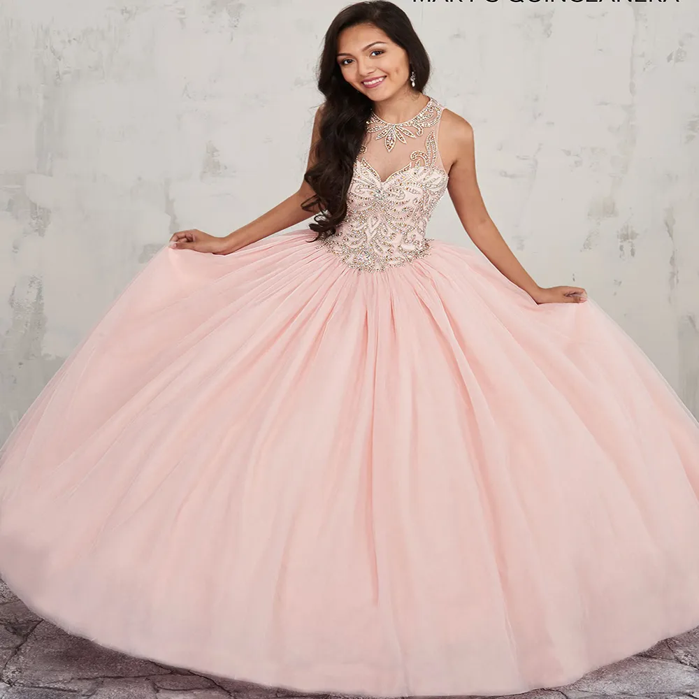 Princess Pink Crytsal Quinceanera Dresses 2021 Open Back Ball S Gown Prom Dress Puffy Tulle Urodziny Sweet 16 Formal Party Nosić Vestidos 15 Años Rates de Mariee