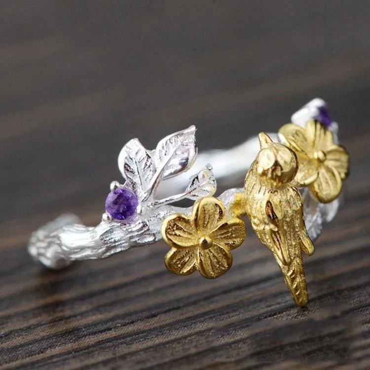 Wedding Rings Vintage Female Gold Bird Flower Ring Classic Silver Color Open Engagement Dainty Purple Zircon For Women