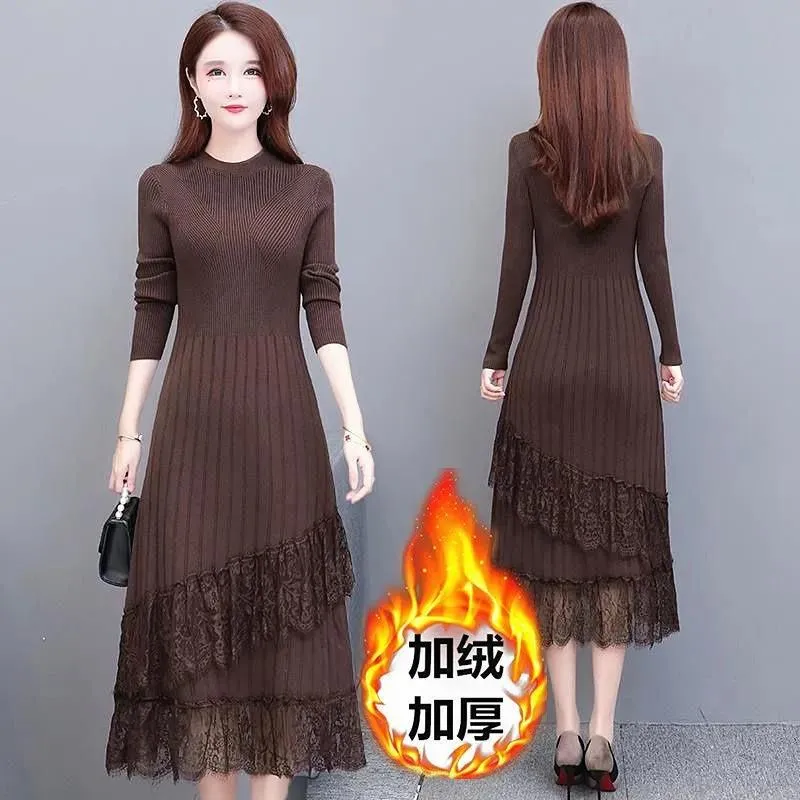 Casual Dresses Elegante gespleißte Spitze Strickkleid Frauen 2021 Herbst Winter Dicke Samt Liner Warm Vintage Pullover Solide Midi